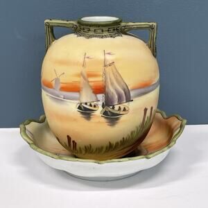 Old Noritake Handpainted Vase & Dish Sailing Ship Windmill Japan